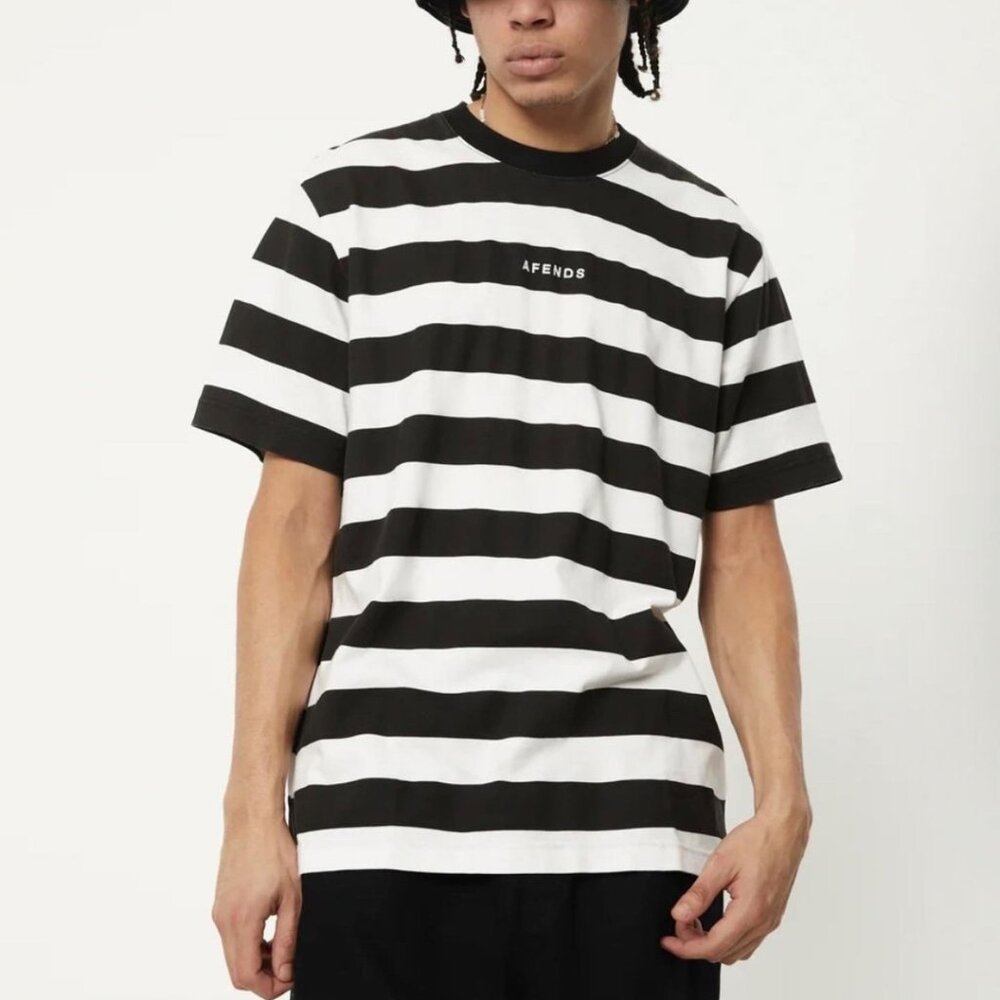 BNWT Afends - Needle - Men's Recycled Retro Striped Relax Fit Logo T-Shirt